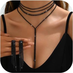 Prom Bridal Rhinestone Jewelry Set Sparkly Crystal Y-Shaped Necklace Long Chandelier Earrings Tassel Lightweight Ear Studs Formal Wedding Costume Jewelry Set Accessories for Women