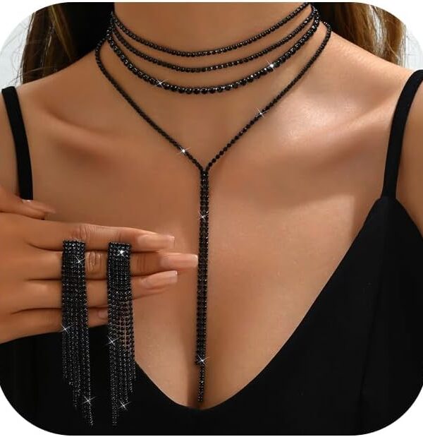 Prom Bridal Rhinestone Jewelry Set Sparkly Crystal Y-Shaped Necklace Long Chandelier Earrings Tassel Lightweight Ear Studs Formal Wedding Costume Jewelry Set Accessories for Women