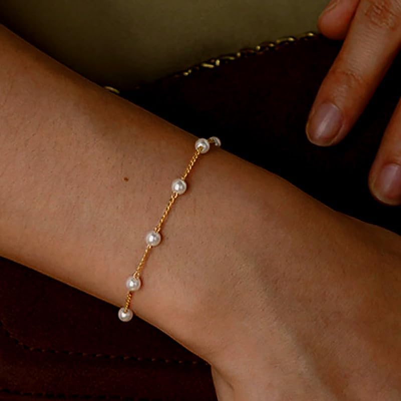 Gold Jewelry Set for Women – Dainty 14K Gold Plated Pearl Necklace and Earring Set with Drop Earrings, Bracelets, Choker Necklace – Wedding Jewelry Gift