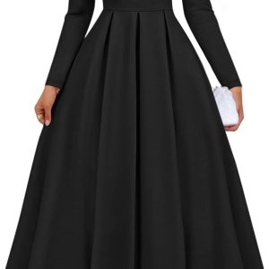 ZESICA Women's Long Sleeve Midi Dresses 2025 Fall Elegant Crewneck Swing A Line Wedding Guest Party Dress with Pockets