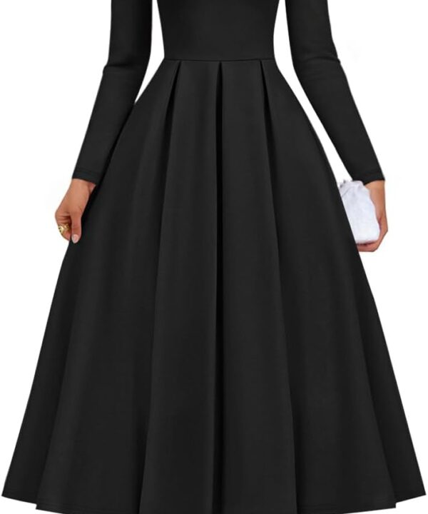 ZESICA Women's Long Sleeve Midi Dresses 2025 Fall Elegant Crewneck Swing A Line Wedding Guest Party Dress with Pockets