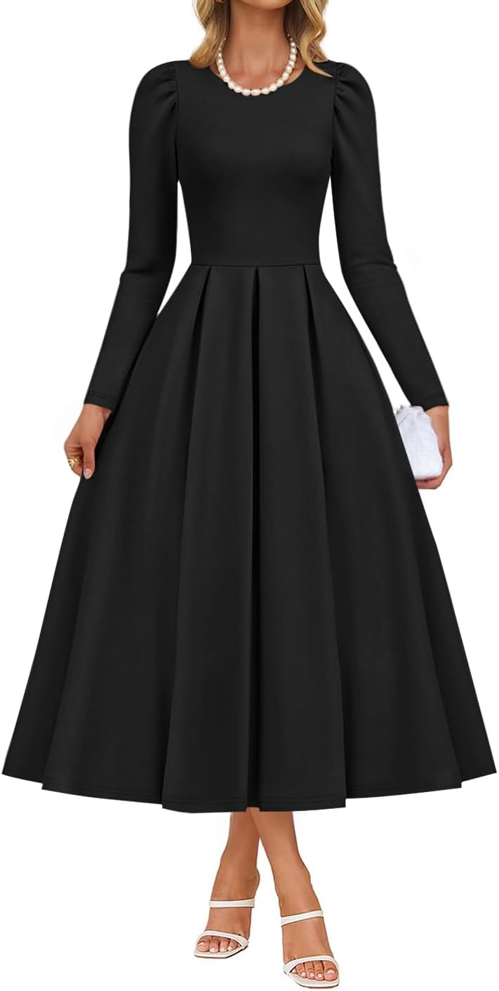 ZESICA Women's Long Sleeve Midi Dresses 2025 Fall Elegant Crewneck Swing A Line Wedding Guest Party Dress with Pockets