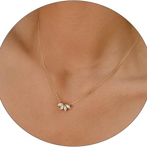 LEXODY Diamond Necklaces for Women, Dainty 14k Gold Plated Leaf Pendant Necklace Layered CZ Necklace Simple Choker Necklaces for Women Trendy Jewelry Gifts