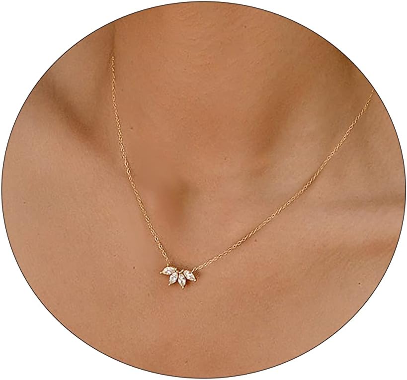 LEXODY Diamond Necklaces for Women, Dainty 14k Gold Plated Leaf Pendant Necklace Layered CZ Necklace Simple Choker Necklaces for Women Trendy Jewelry Gifts