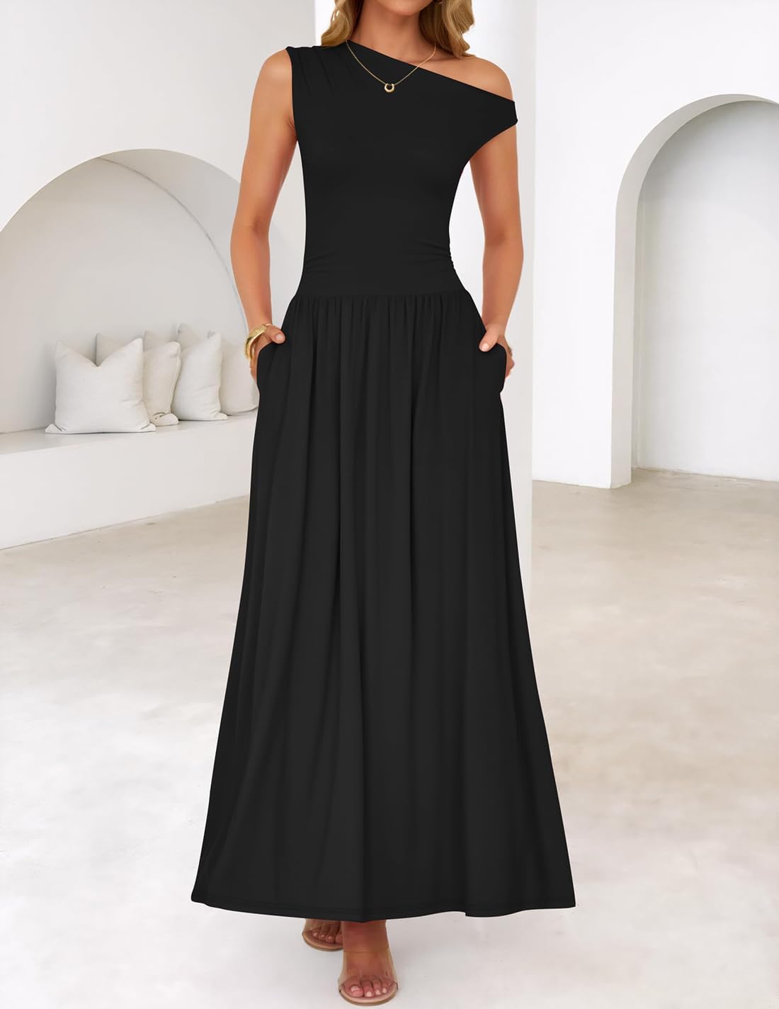 ZESICA Women’s Summer 2025 Sleeveless Maxi Dress One Shoulder Casual Slim Swing Pleated Formal Dresses with Pockets