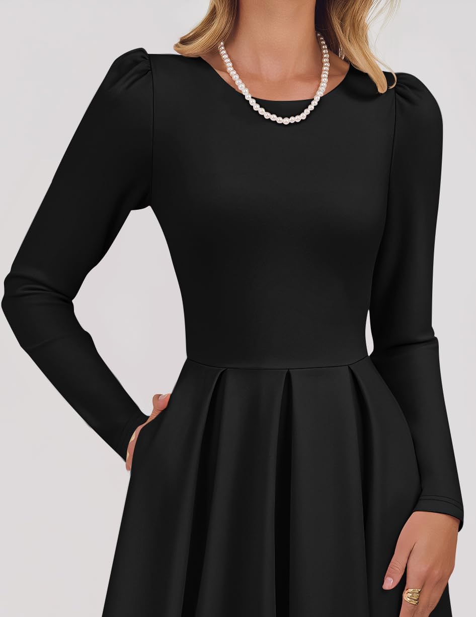 ZESICA Women’s Long Sleeve Midi Dresses 2025 Fall Elegant Crewneck Swing A Line Wedding Guest Party Dress with Pockets