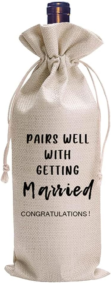 LANBAIHE Wedding Wine Bag,Linen Wine Gift Bag,Wedding Couples, Bride and Groom Gift,Wedding Gift,Reusable Wine Bag -Pairs Well With Getting Married