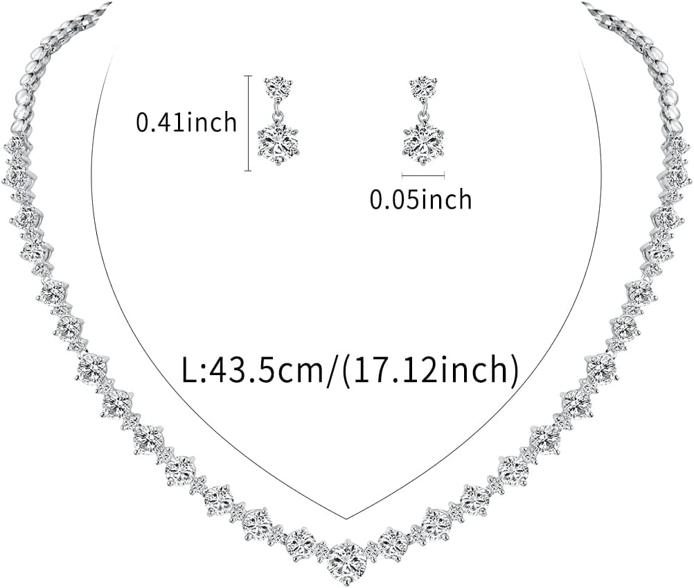 WeimanJewelry Silver/Gold Plated Women Cubic Zirconia Round Cut CZ Bridal Necklace and Drop Earring Set for Bride Wedding (Silver)
