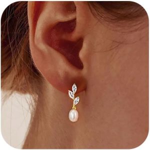 Pearl Earrings for Women - Dainty Gold Dangle Drop Earrings, 14k Gold Plated Cute Bow Design, Hypoallergenic Pearl Studs, Wedding Jewelry Gifts