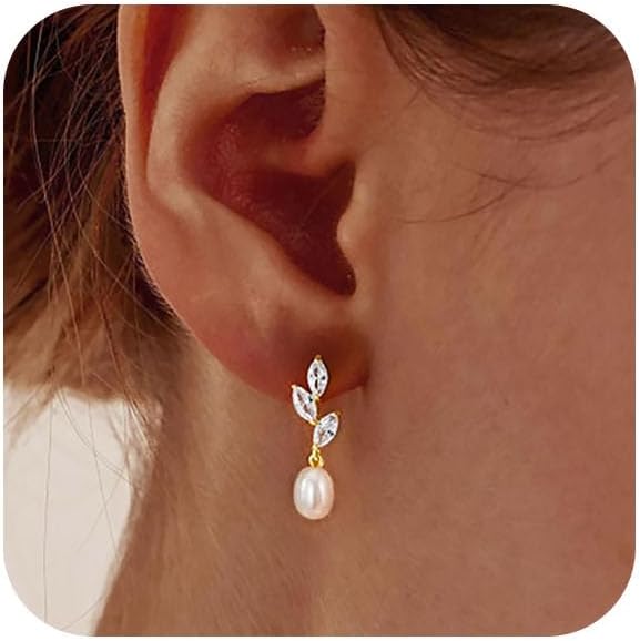 Pearl Earrings for Women - Dainty Gold Dangle Drop Earrings, 14k Gold Plated Cute Bow Design, Hypoallergenic Pearl Studs, Wedding Jewelry Gifts