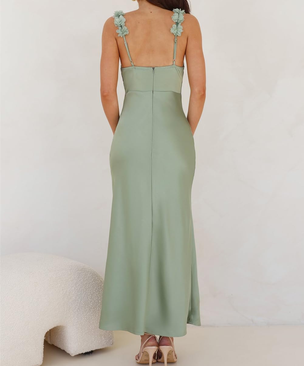 Phicia Summer Satin Spaghetti Strap V Neck Midi Dresses for Women Wedding Guest Elegant Flower Backless Cocktail Formal Dress