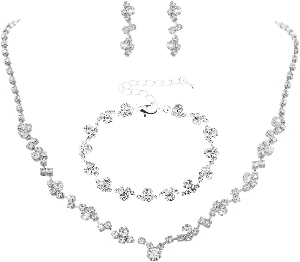 Unicra Bride Crystal Necklace Earrings Set Bridal Wedding Jewelry Sets Rhinestone Choker Necklace Costume Jewelry Set for Women and Brides (3 piece set – 2 earrings and 1 necklace)