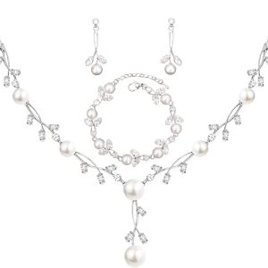 Luxury Cubic Zirconia Aurtrian Crystal Pearl Floral Necklace Dangle Earrings Wedding Bridal Jewelry Set Birthday Gifts for Her