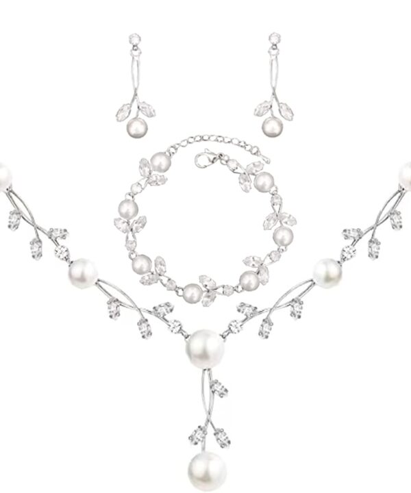 Luxury Cubic Zirconia Aurtrian Crystal Pearl Floral Necklace Dangle Earrings Wedding Bridal Jewelry Set Birthday Gifts for Her