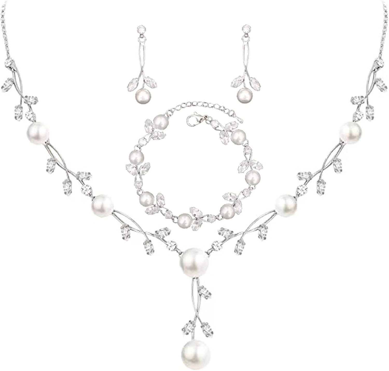 Luxury Cubic Zirconia Aurtrian Crystal Pearl Floral Necklace Dangle Earrings Wedding Bridal Jewelry Set Birthday Gifts for Her