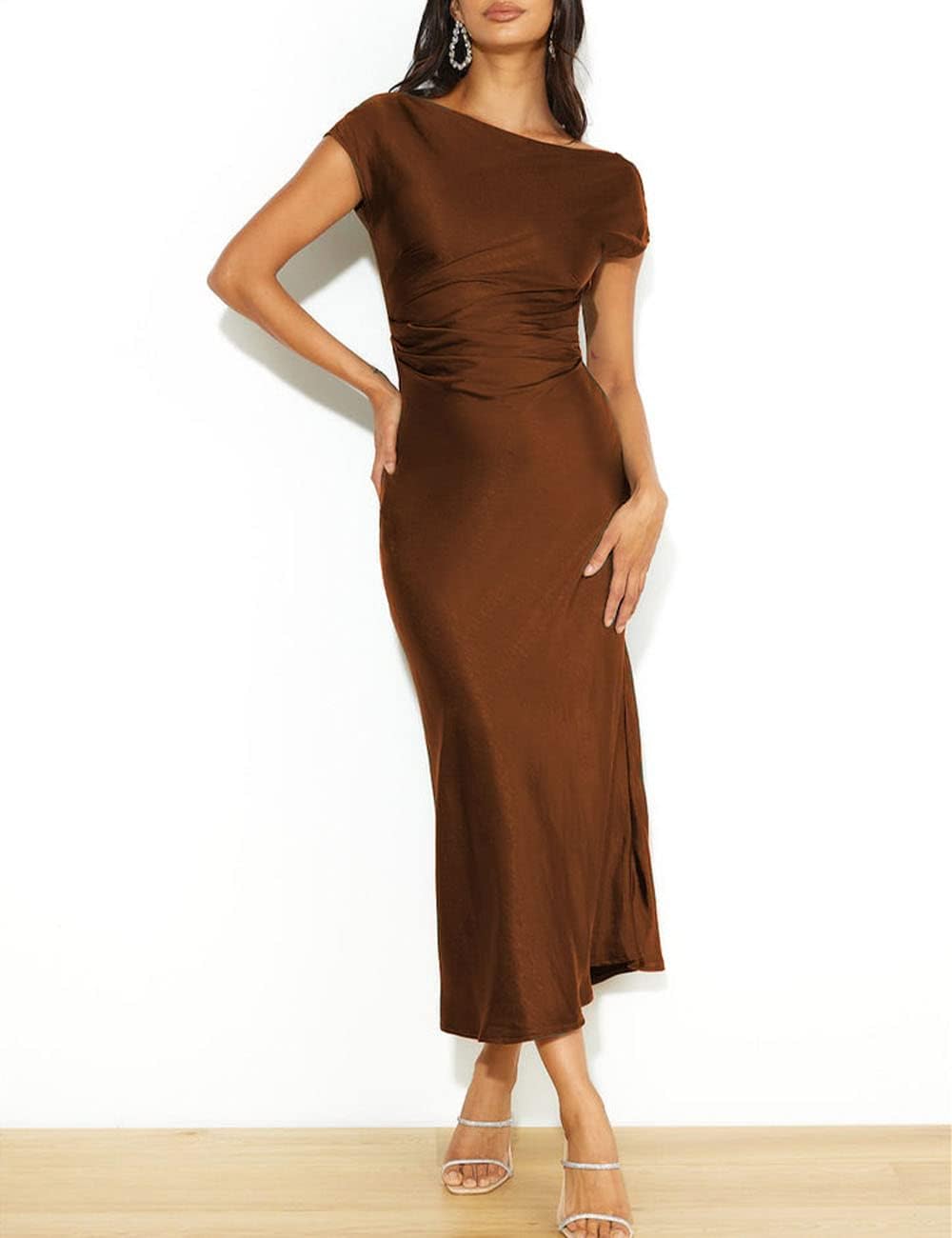 2025 Satin Cap Sleeve Cowl Back Summer Dresses for Women Elegant Ruched Waist Wedding Guest Midi Dress