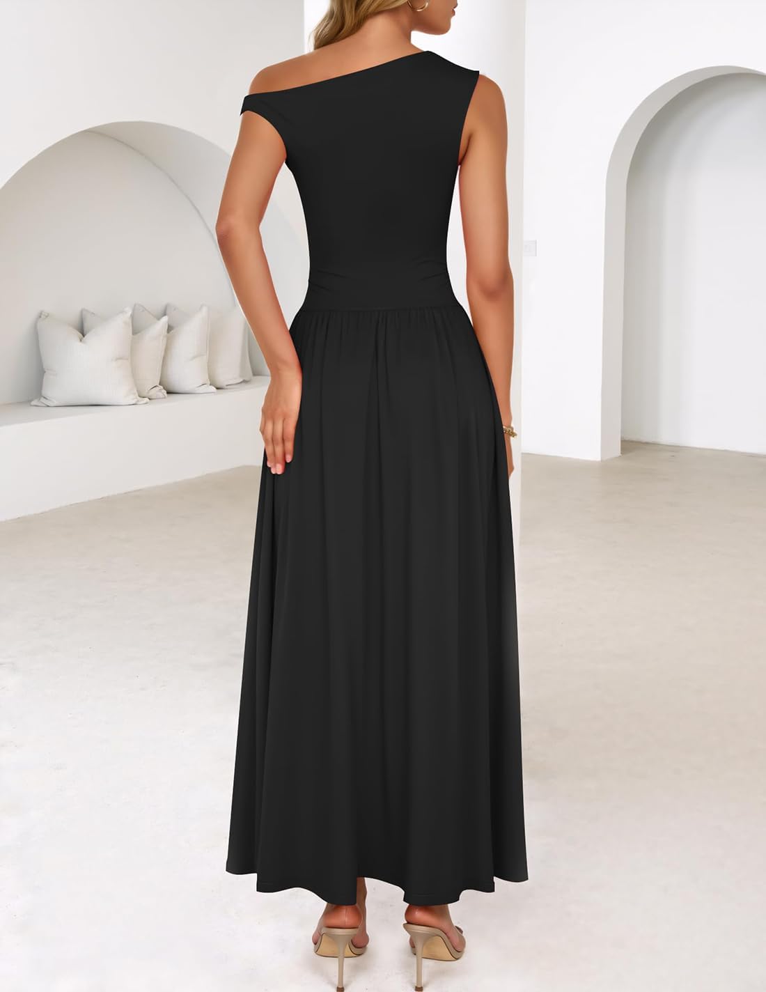 ZESICA Women’s Summer 2025 Sleeveless Maxi Dress One Shoulder Casual Slim Swing Pleated Formal Dresses with Pockets