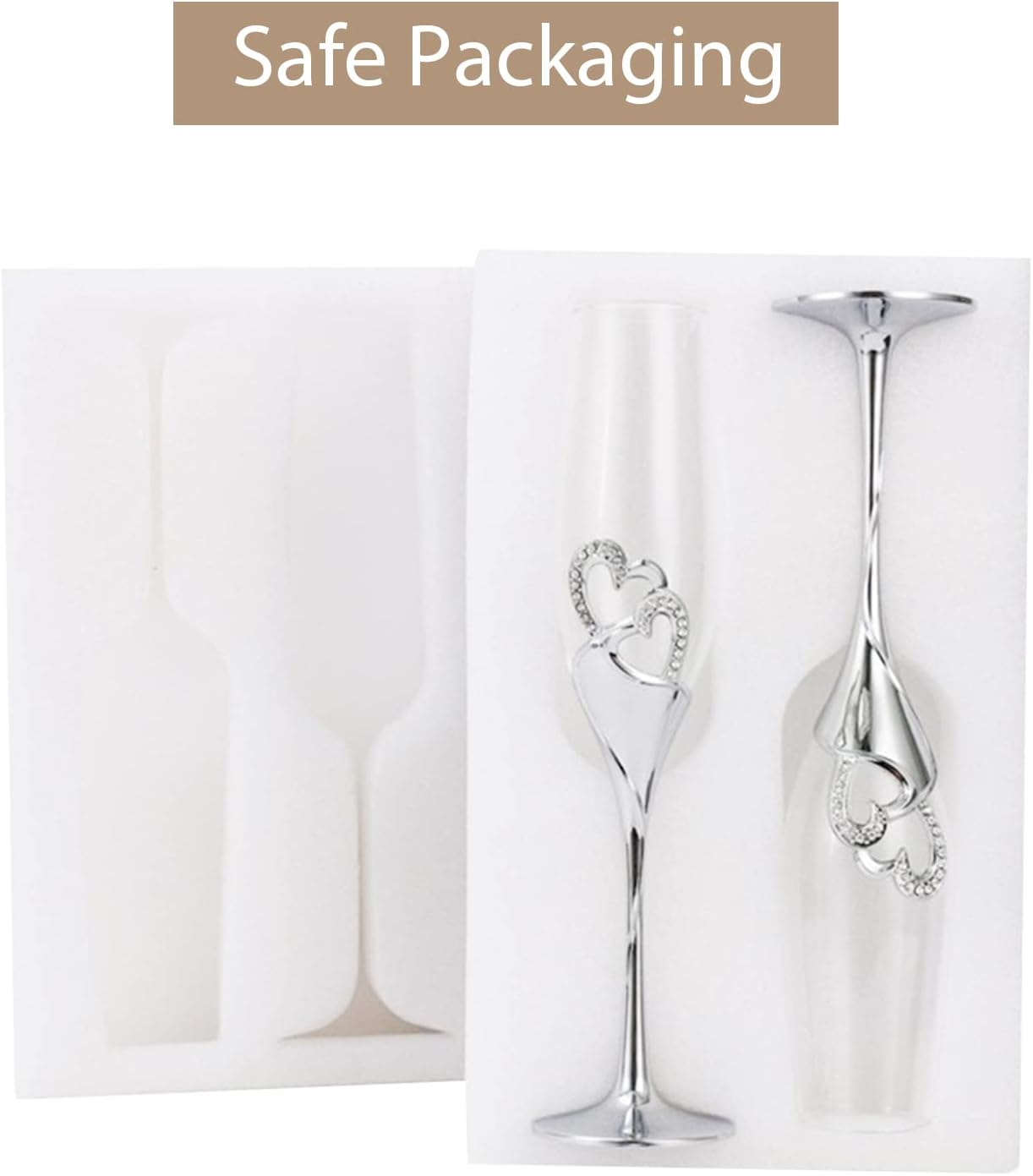 Wedding Champagne Glass Set Silver Toasting Flute Glasses Pack of 2 with Rhinestone Rimmed Hearts Decoration for Wedding, Anniversary and Special Occasions