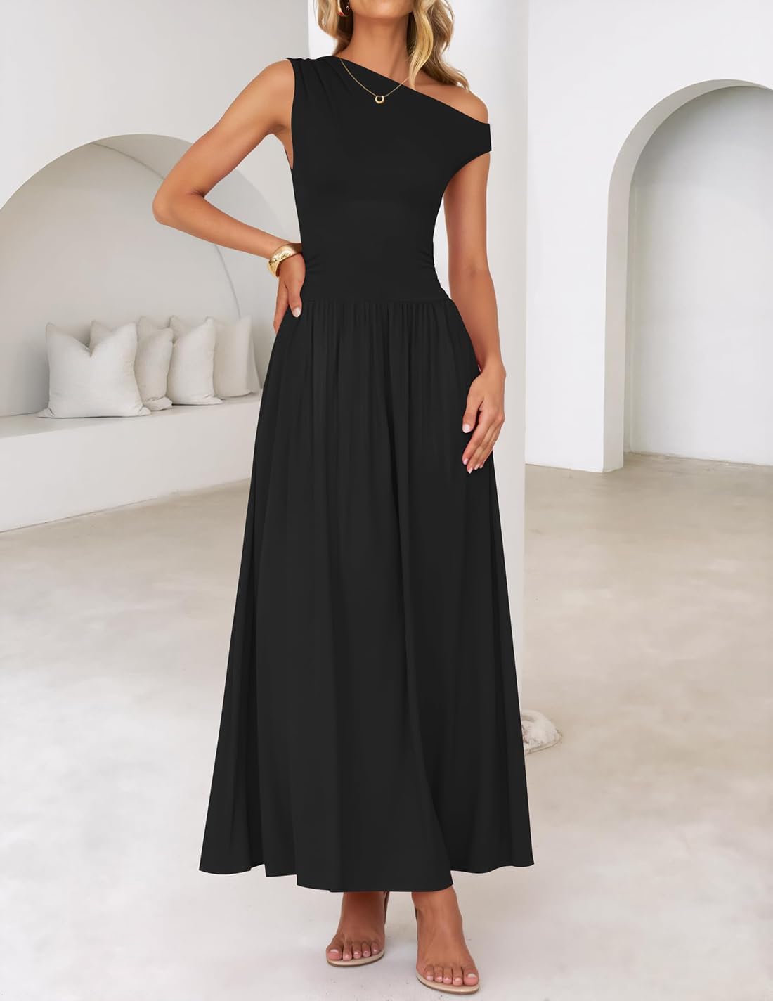 ZESICA Women’s Summer 2025 Sleeveless Maxi Dress One Shoulder Casual Slim Swing Pleated Formal Dresses with Pockets