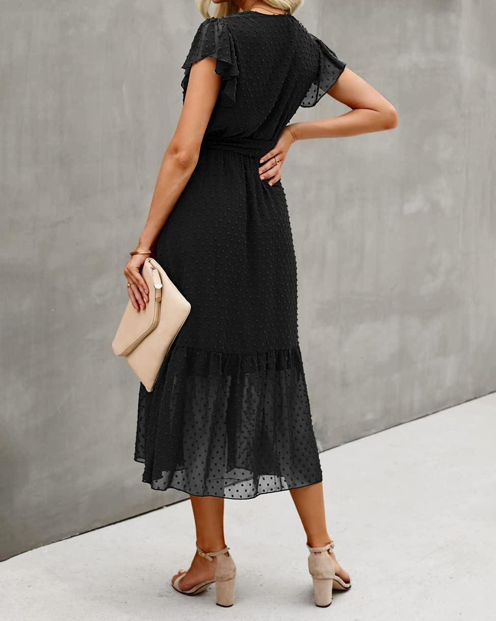 BTFBM Women Summer Bohemian Floral Casual Wrap V Neck Ruffle Cap Sleeveless Belt A-Line Pleated Hem Midi Sun Dress White