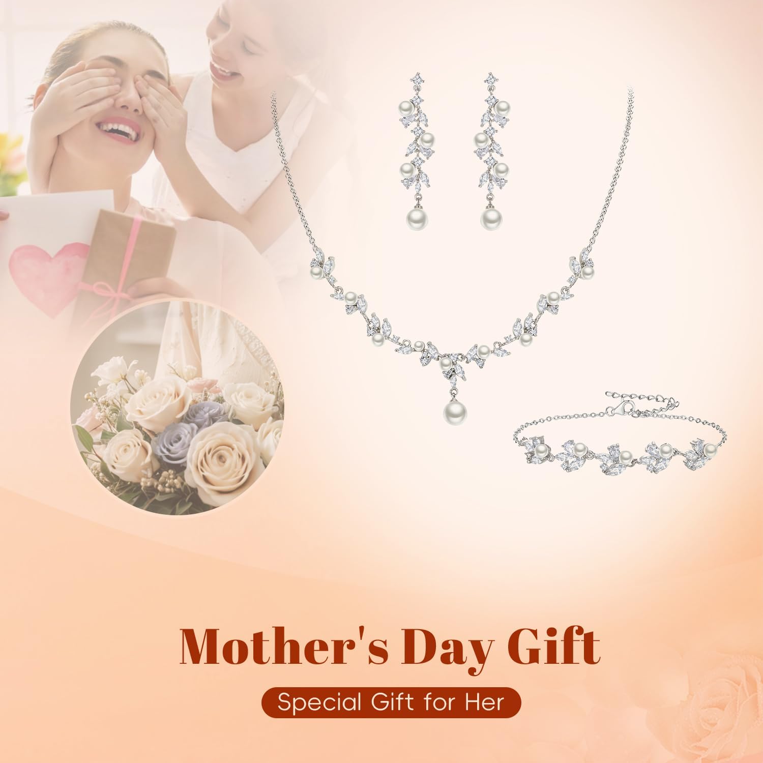 EleQueen Women’s Simulated Pearl Wedding Jewelry Set, Cubic Zirconia Marquise Floral Bridal Necklace Earrings Bracelet Sets