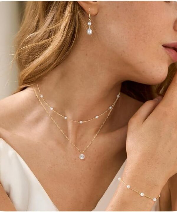 DIBOLA Gold Jewelry Set for Women, Dainty Layered 14K Gold/Silver Pearl Choker Necklaces and Earring Set Pearl Earrings Bracelets Wedding Bride Jewelry