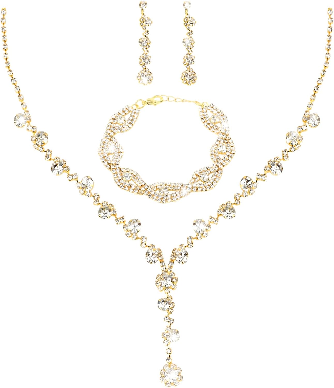 Bridal Wedding Jewelry Set for Women Rhinestone Necklace Earrings Bracelet Sets Sparkly Crystal Wedding Jewelry for Bride Elegant Prom Costume Accessories