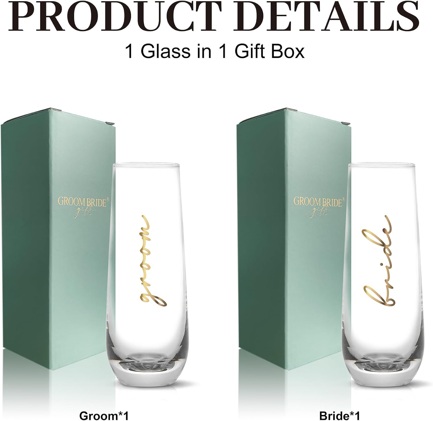 LADY&HOME Bride and Groom Stemless Champagne Flutes Set of 2, 10oz Mr and Mrs Champagne Glasses for Wedding Newlyweds Engagement(Bride and Groom)