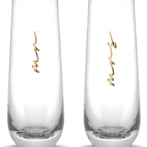 LADY&HOME Mr and Mrs Stemless Champagne Flutes Set of 2, 10oz Bride and Groom Champagne Glasses for Wedding Newlyweds Engagement(Mr and Mrs)