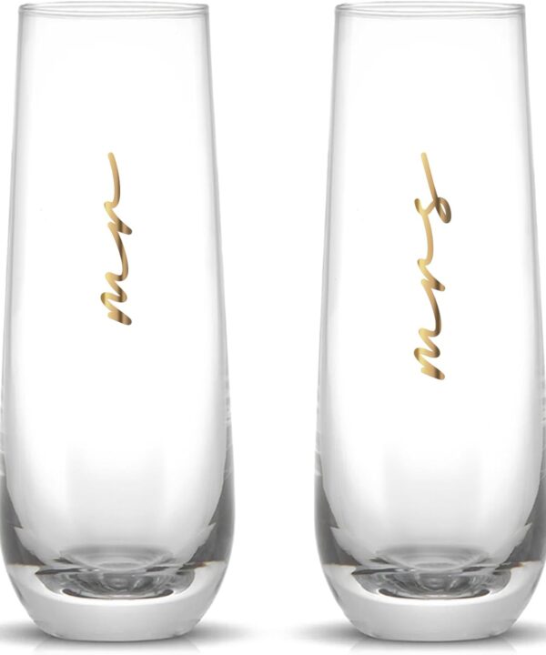 LADY&HOME Mr and Mrs Stemless Champagne Flutes Set of 2, 10oz Bride and Groom Champagne Glasses for Wedding Newlyweds Engagement(Mr and Mrs)