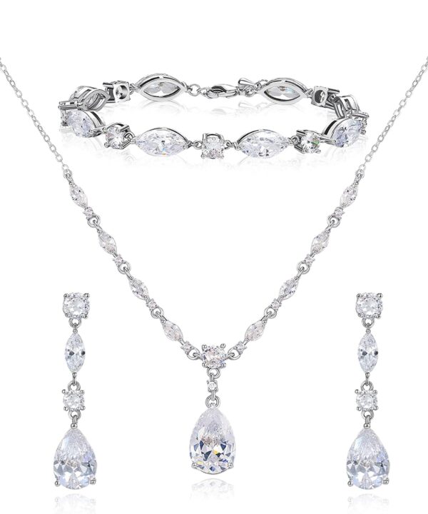 SWEETV Bridal Jewelry Set for Wedding, Cubic Zirconia Necklace Dangle Drop Earrings Bracelet Set, Teardrop Marquise Brides Bridesmaids Wedding Prom Anniversary Jewelry Gifts for Women