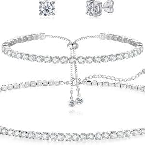 Tennis Necklace Bracelet for Women, Sterling Sliver, Dainty Chocker Necklace, Crystal Bracelet for Women, Wedding Jewelry for Bride, Sparkly Party Prom Hypoallergenic