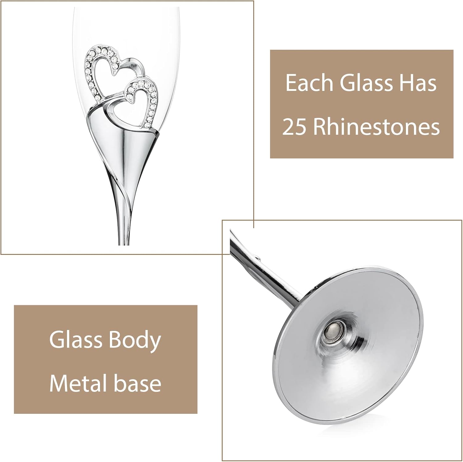 Wedding Champagne Glass Set Silver Toasting Flute Glasses Pack of 2 with Rhinestone Rimmed Hearts Decoration for Wedding, Anniversary and Special Occasions