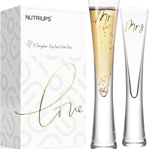 NUTRIUPS Mr & Mrs Champagne Flutes, Wedding Toasting Flutes for Bride and Groom, Hand Blown Crystal Prosecco Glasses for Anniversary, Set of 2