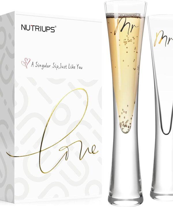 NUTRIUPS Mr & Mrs Champagne Flutes, Wedding Toasting Flutes for Bride and Groom, Hand Blown Crystal Prosecco Glasses for Anniversary, Set of 2