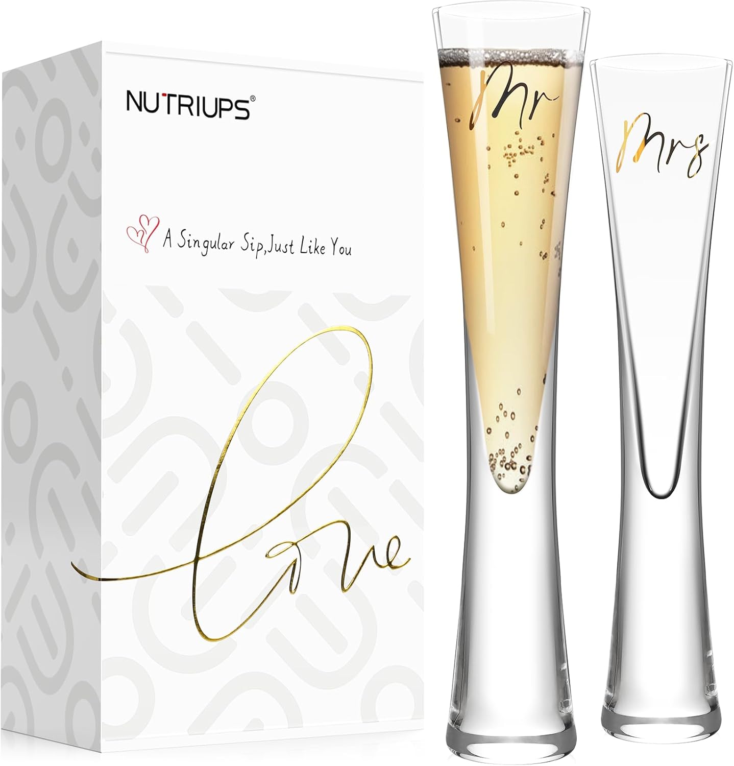 NUTRIUPS Mr & Mrs Champagne Flutes, Wedding Toasting Flutes for Bride and Groom, Hand Blown Crystal Prosecco Glasses for Anniversary, Set of 2