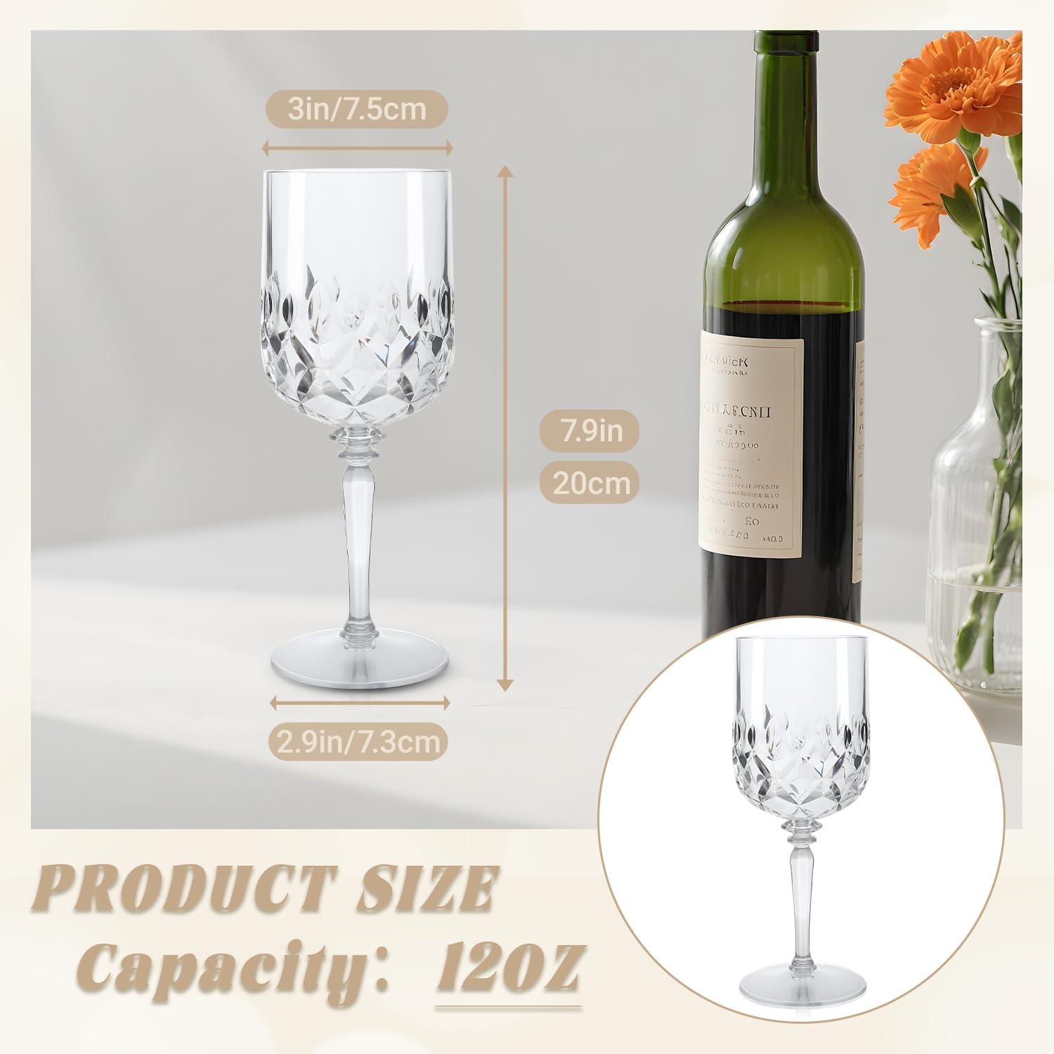 Detachable Plastic Wine Glasses 12oz (Set of 12, Clear), Unbreakable Reusable BPA-Free Vintage Goblets Stemmed Drinking Glasses, for Weddings Parties Events, Diamond-Cut Design