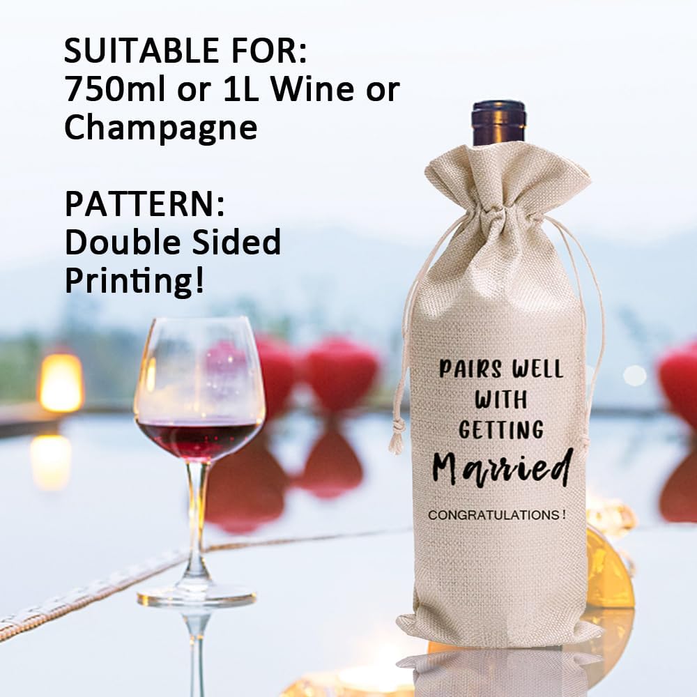 LANBAIHE Wedding Wine Bag,Linen Wine Gift Bag,Wedding Couples, Bride and Groom Gift,Wedding Gift,Reusable Wine Bag -Pairs Well With Getting Married