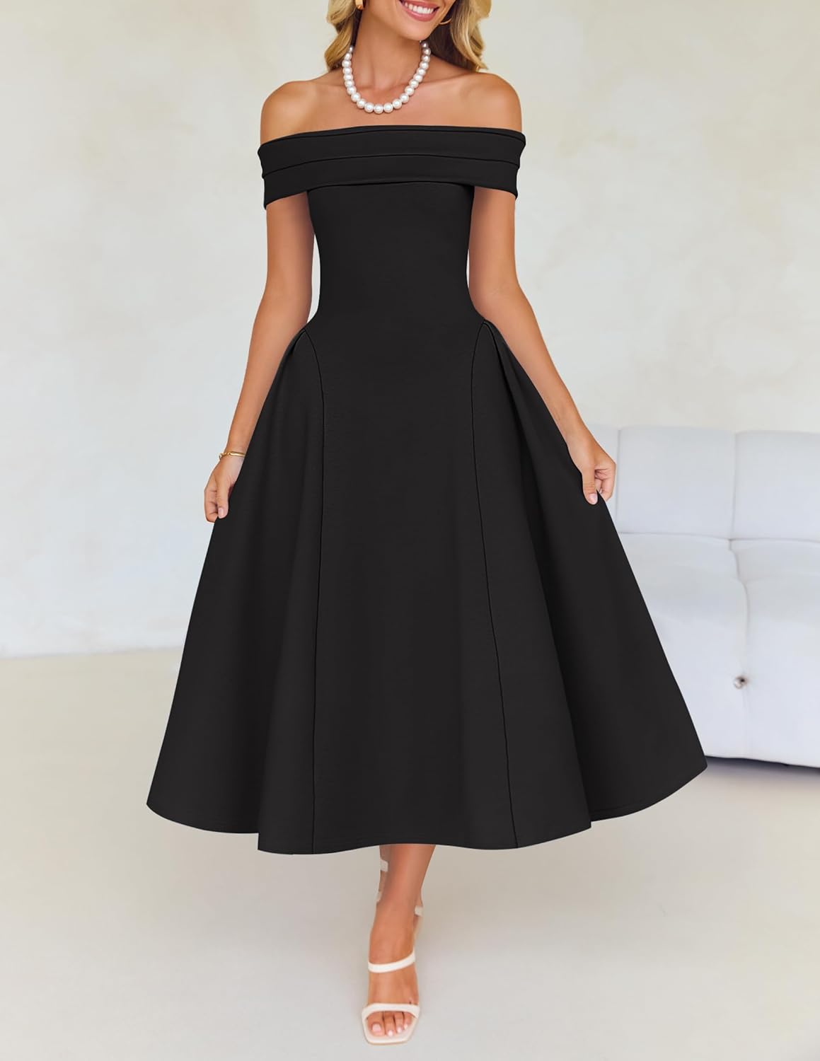 ZESICA Cocktail Dresses for Women’s Elegant Off Shoulder Short Sleeve Swing A Line Wedding Evening Party Midi Dress