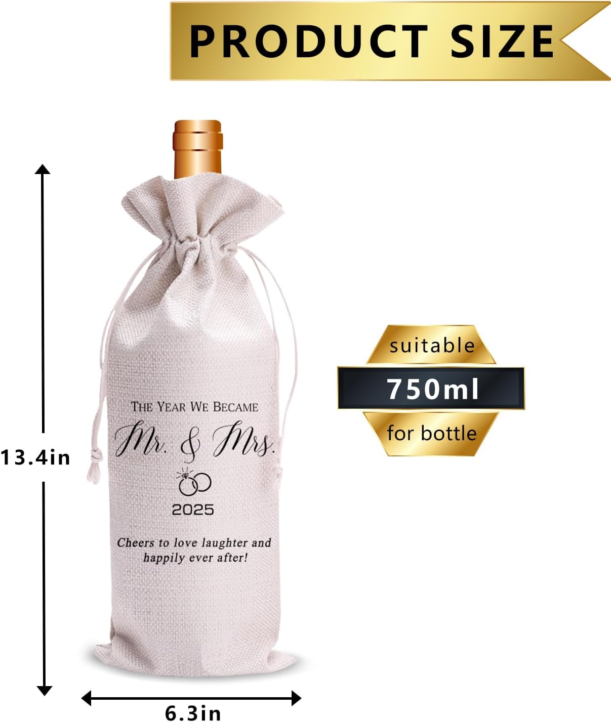 Wedding Wine Bag for Mr & Mrs 2025 Reusable Champagne Bottle Holder, Anniversary & Bridal Shower Gift, Elegant Keepsake for Couples