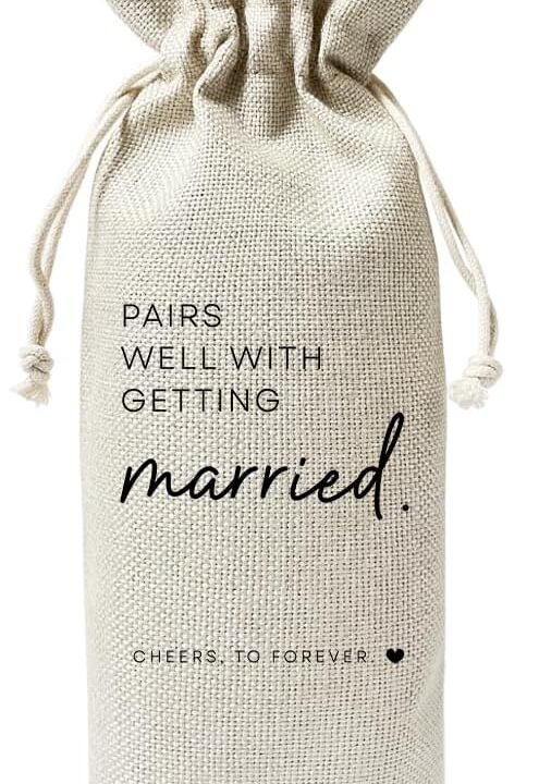 Wedding Or Engagement Gift Wine Bag For Couple Bride Groom Her Him Women, Wedding Or Engagement Party Decorations Favors, New Bride Gift Idea, Paris Well With Getting Married, Cotton Linen Wine Bag