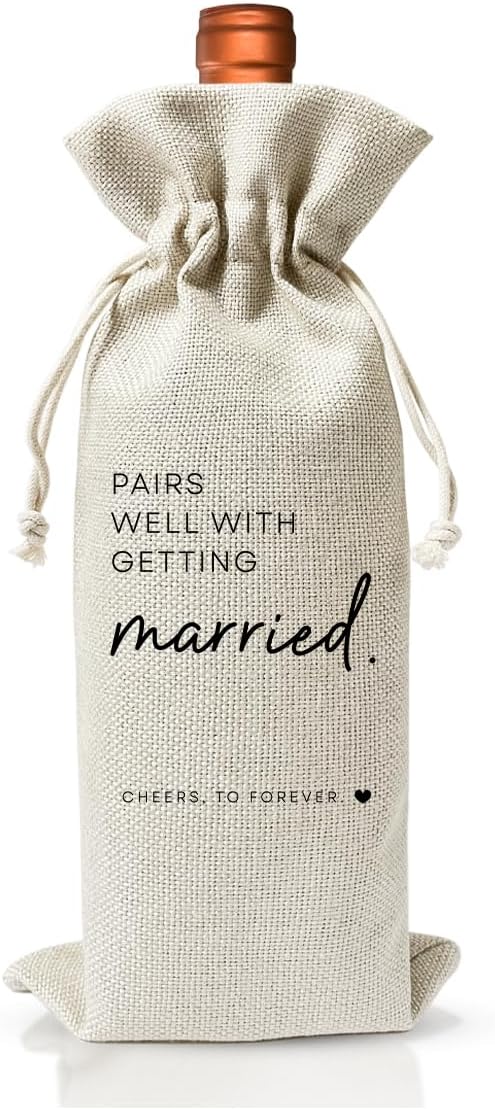 Wedding Or Engagement Gift Wine Bag For Couple Bride Groom Her Him Women, Wedding Or Engagement Party Decorations Favors, New Bride Gift Idea, Paris Well With Getting Married, Cotton Linen Wine Bag