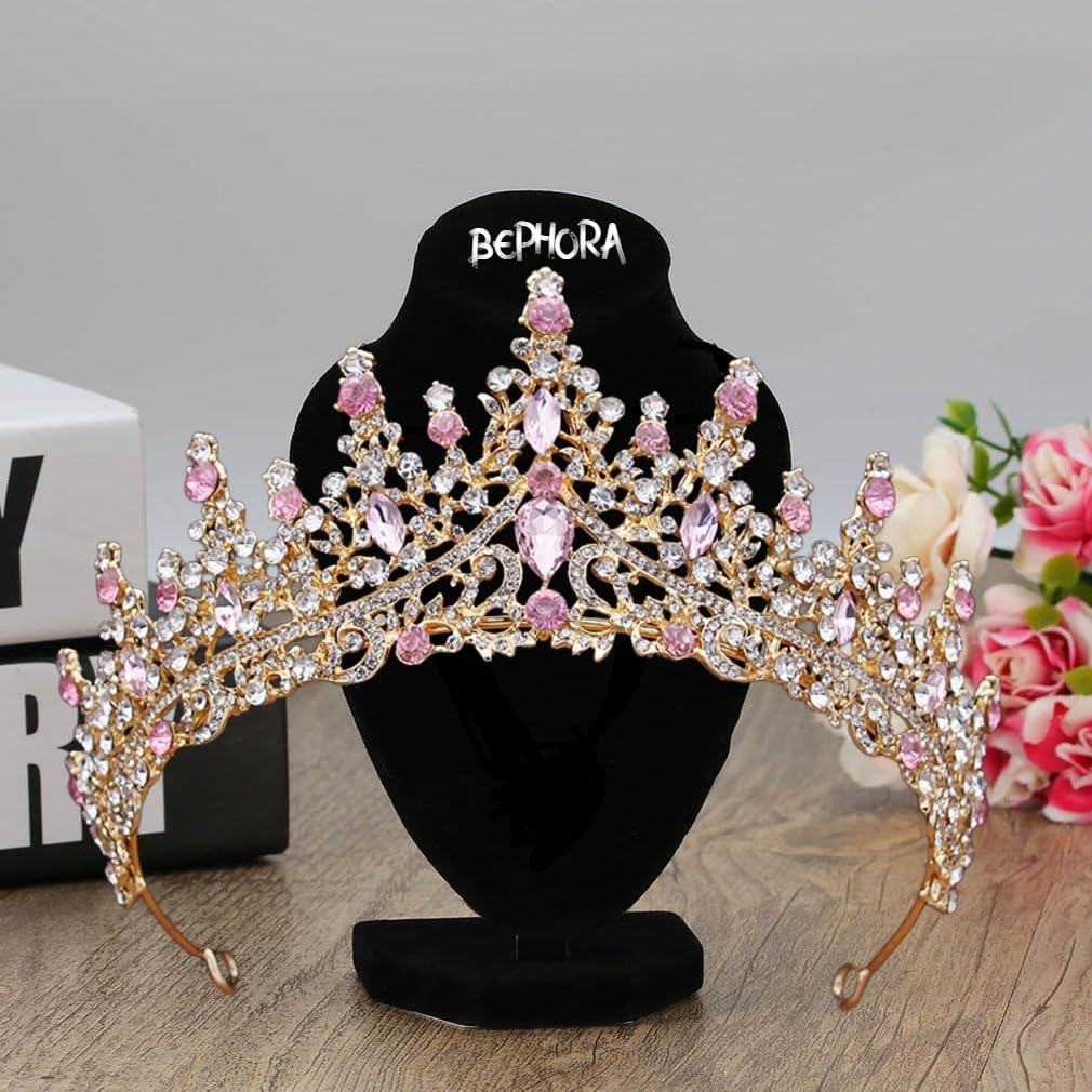 Gold Pink Crystal Bridal Tiara Set Wedding Crown, Necklace & Earrings Elegant Jewelry for Women & Brides Premium Gift Box Included