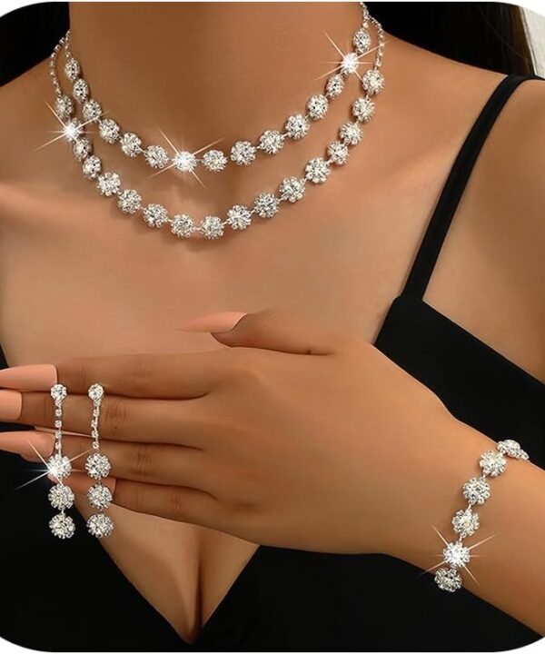 HUASAI Silver Wedding Jewelry Sets for Brides Rhinestone Necklace Earrings Bracelet Set Bridal Costume Jewelry for Women Formal Wedding Guest Dress Accessories Prom Party Outfits