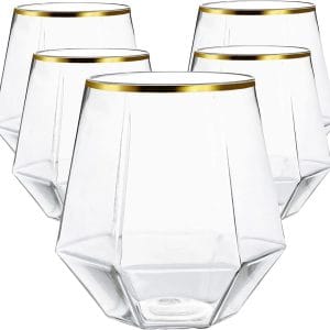 40 count Diamond Unbreakable Stemless Plastic Wine Champagne Whiskey Glasses Elegant Durable Disposable Indoor Outdoor Ideal for Home, Office, Bars, Wedding, 12 Ounce Cups Gold Rim (Gold)
