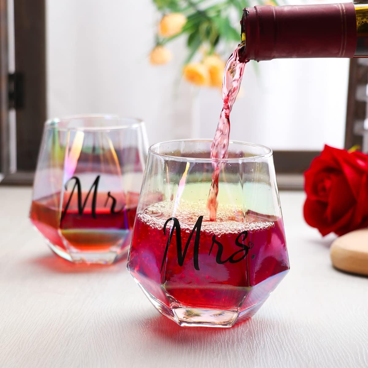 Mr & Mrs Iridescent Diamond Shaped Stemless Wine Glasses for Couples – Unique Colorful His & Hers Wedding & Engagement Gift Set of 2