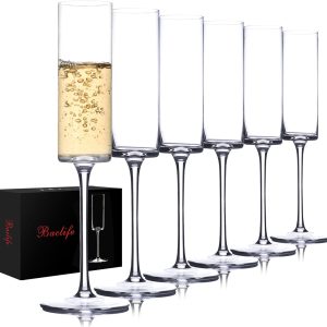 BACLIFE Crystal Champagne Flutes Set of 6 - Hand Blown Champagne Glasses With Long Stem - 6.5 oz Elegant Sparkling Wine Stemware - Unique Gift for Birthday,Wedding, Anniversary - Clear