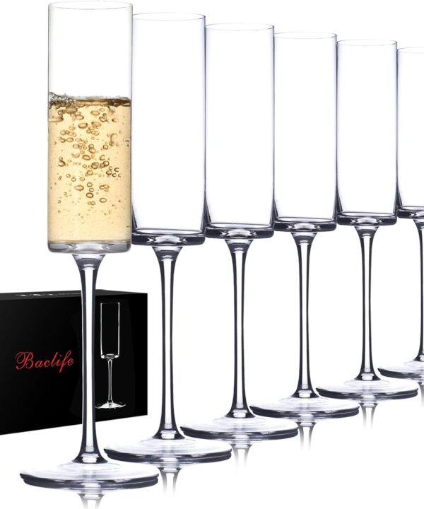 BACLIFE Crystal Champagne Flutes Set of 6 - Hand Blown Champagne Glasses With Long Stem - 6.5 oz Elegant Sparkling Wine Stemware - Unique Gift for Birthday,Wedding, Anniversary - Clear