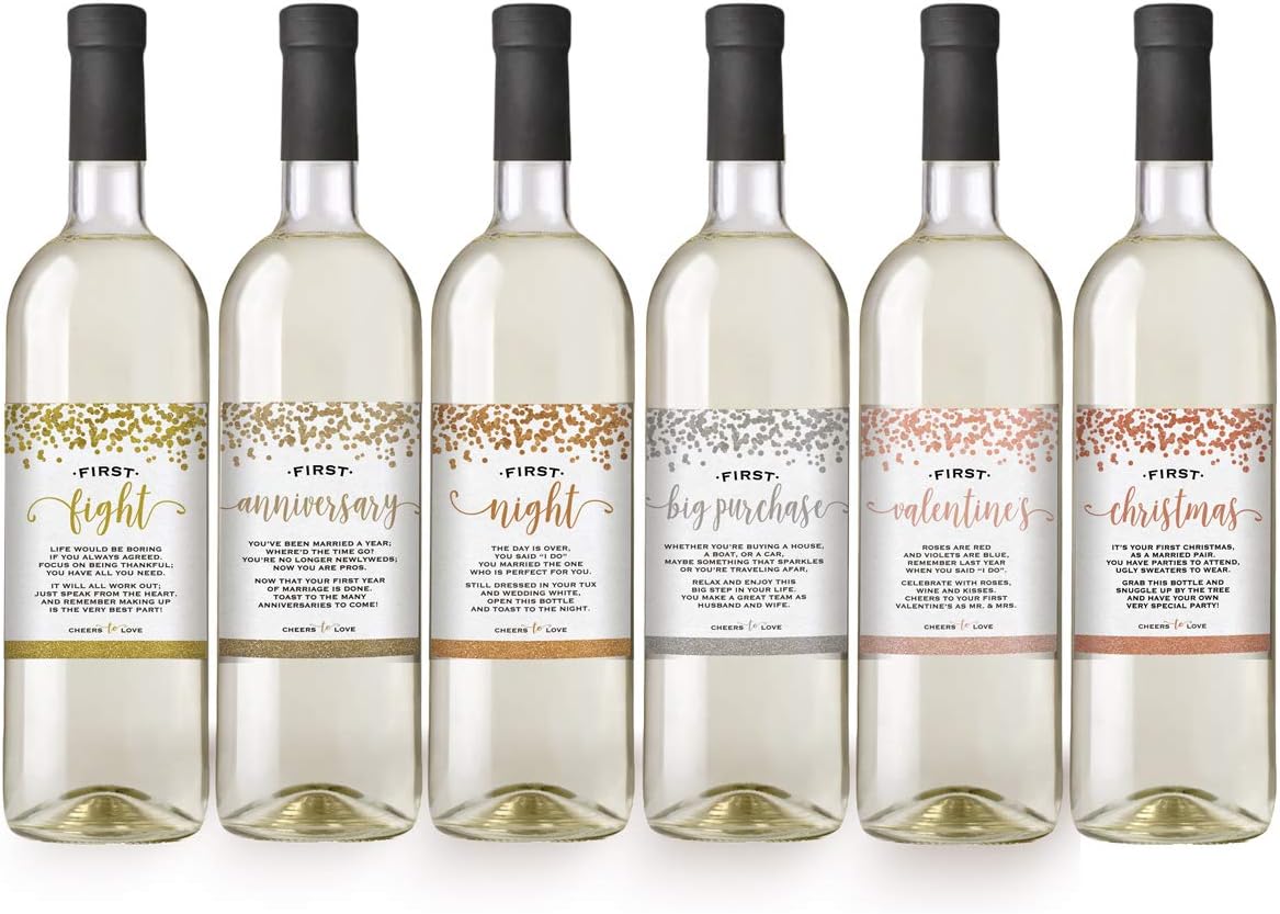 Printed Party Marriage Milestones, Greenery Wedding Firsts, 6 Wine Bottle Labels