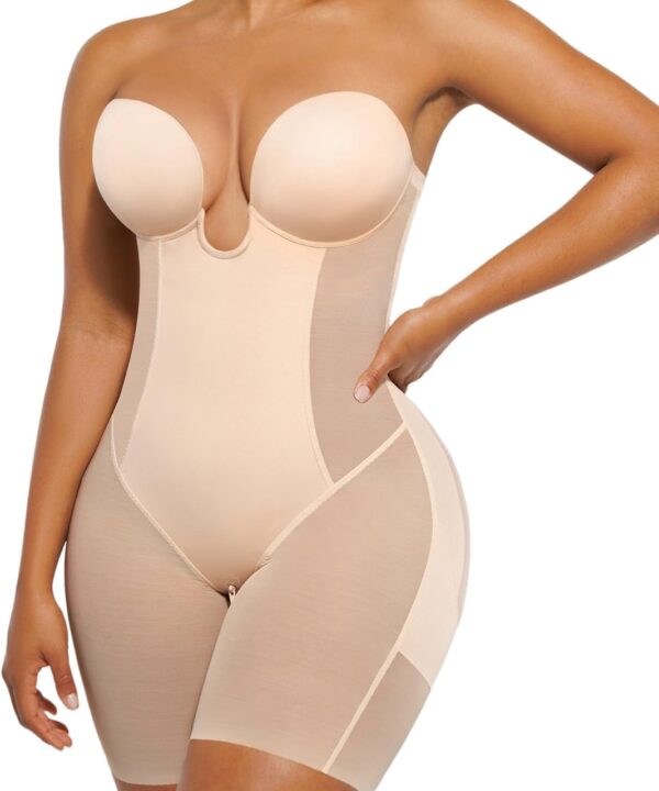 SHAPELLX Strapless Shapewear for Women Deep Plunge Corset Tummy Control Backless Bodysuit Mid Thigh Full Body Shaper
